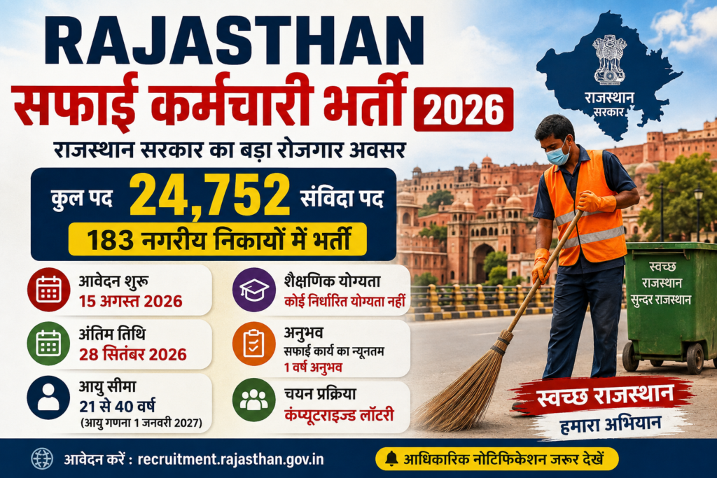Rajasthan Safai Karmchari Recruitment 2026: 24,752 पदों पर भर्ती, योग्यता, आयु सीमा, आवेदन प्रक्रिया और चयन प्रक्रिया